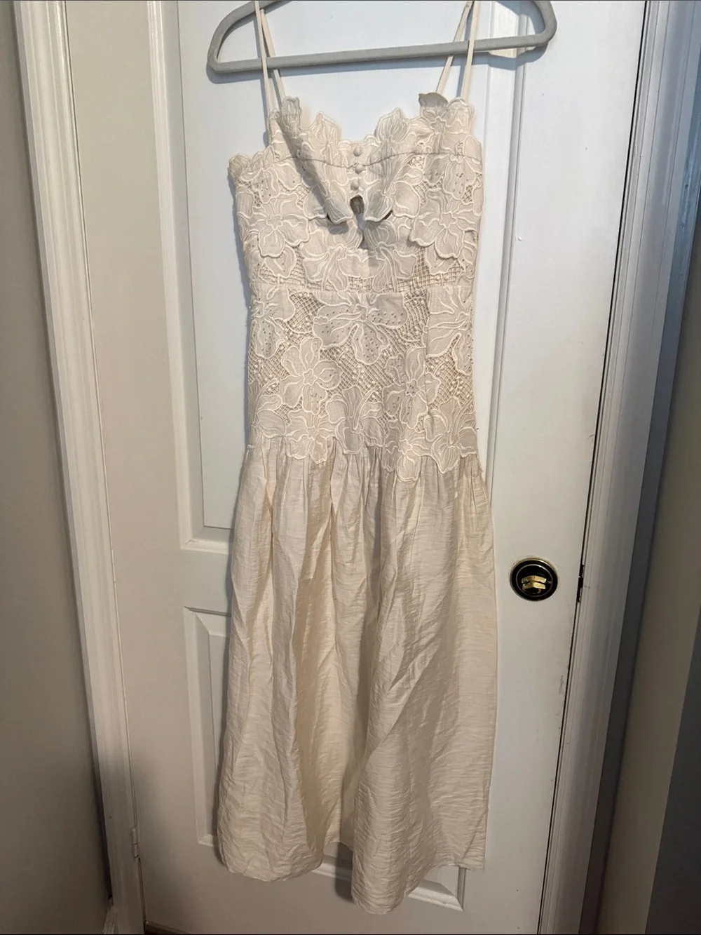 Sandro guipure Lace Bodice Spaghetti Strap Midi Dress in Cream - Picture 4 of 6